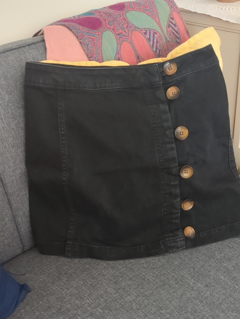Free People Black Denim Mini Skirt with Exposed Button Placket